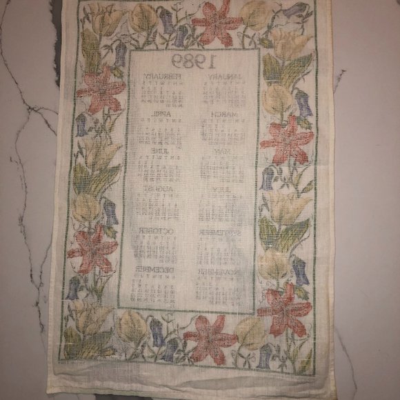 Vintage 1989 Calendar Floral Border Hanging Tea Towel - Picture 4 of 4